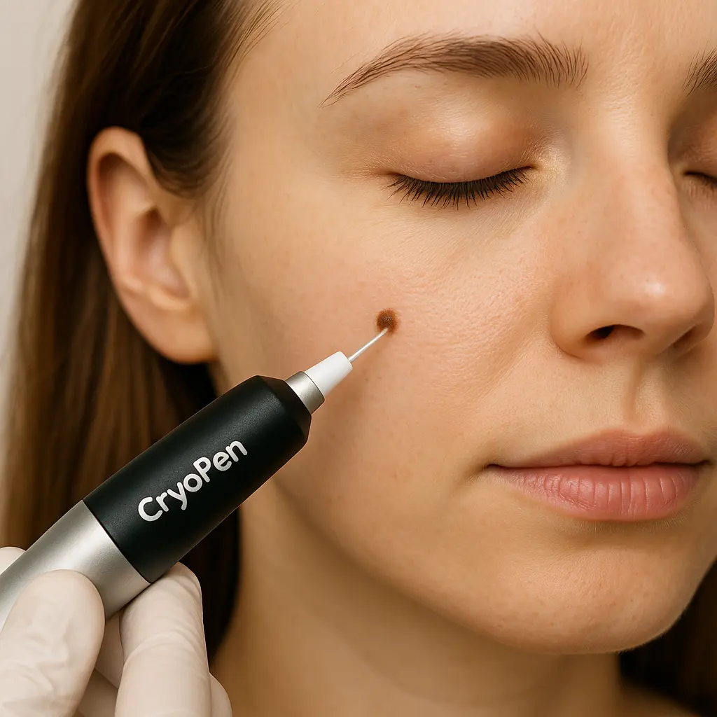 woman receiving facial mole removal Norwood Green using cryopen 